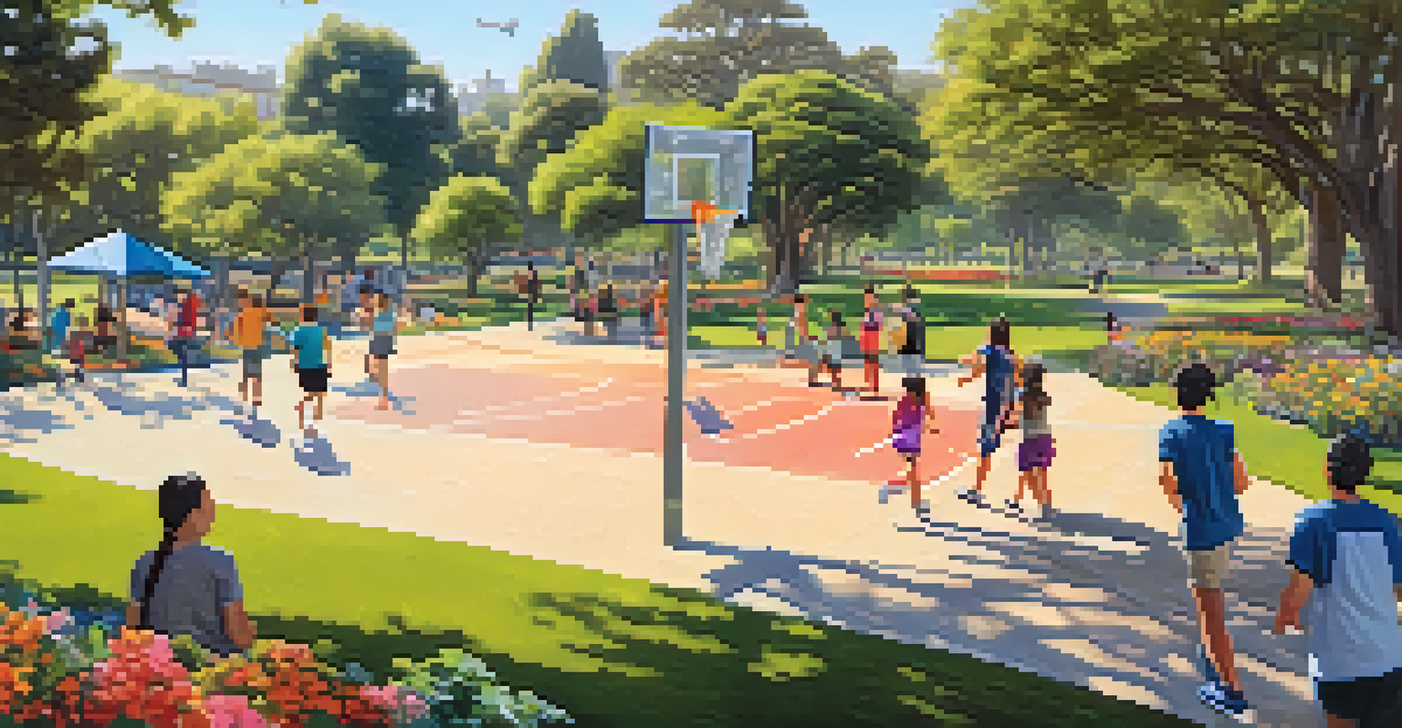 A lively scene at De Anza Park, featuring basketball games, children playing, and joggers on the trails.