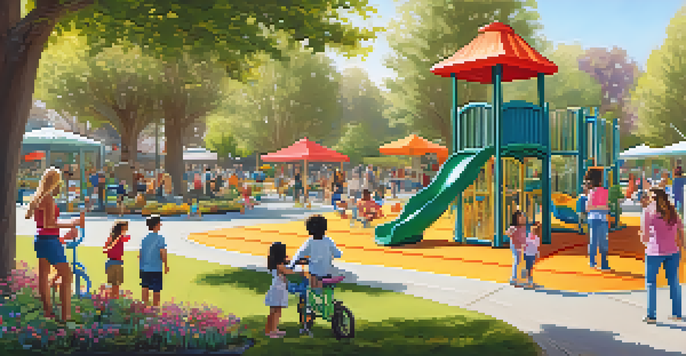 A lively community park with families playing in a colorful playground, a garden filled with flowers and vegetables, and people enjoying a sunny day.