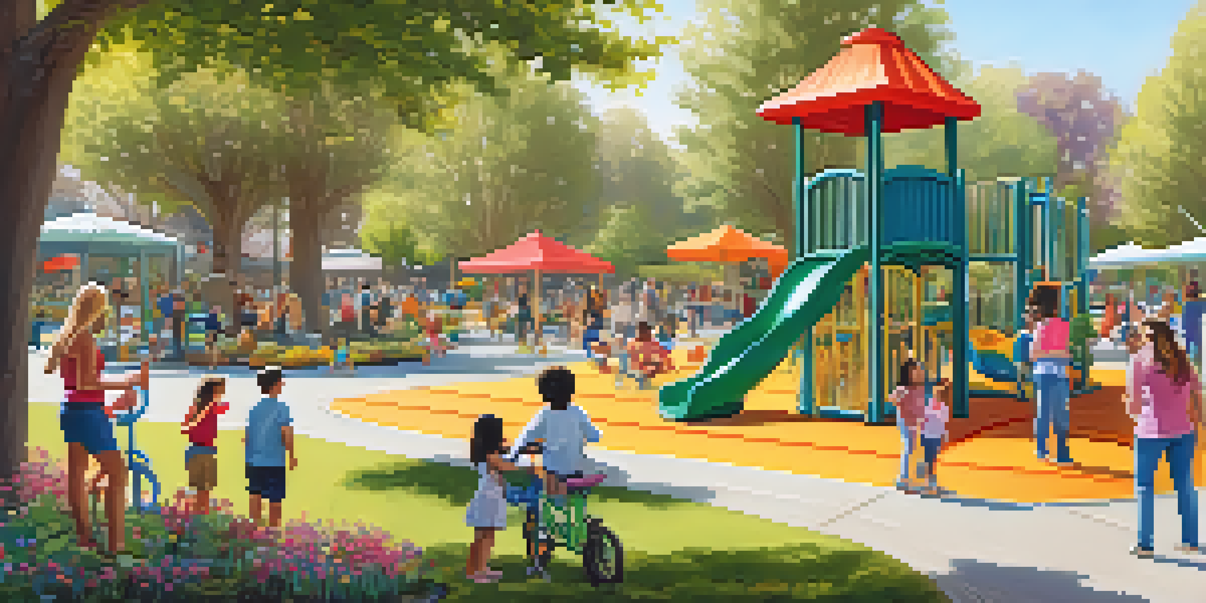 A lively community park with families playing in a colorful playground, a garden filled with flowers and vegetables, and people enjoying a sunny day.
