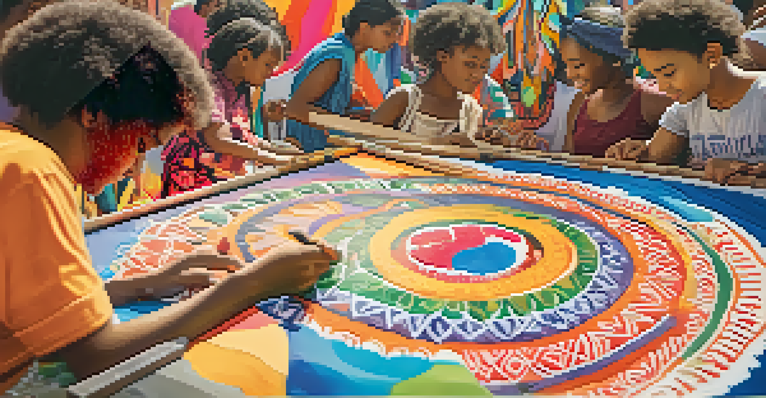 Diverse hands painting a colorful canvas at a cultural festival, with vibrant decorations in the background.