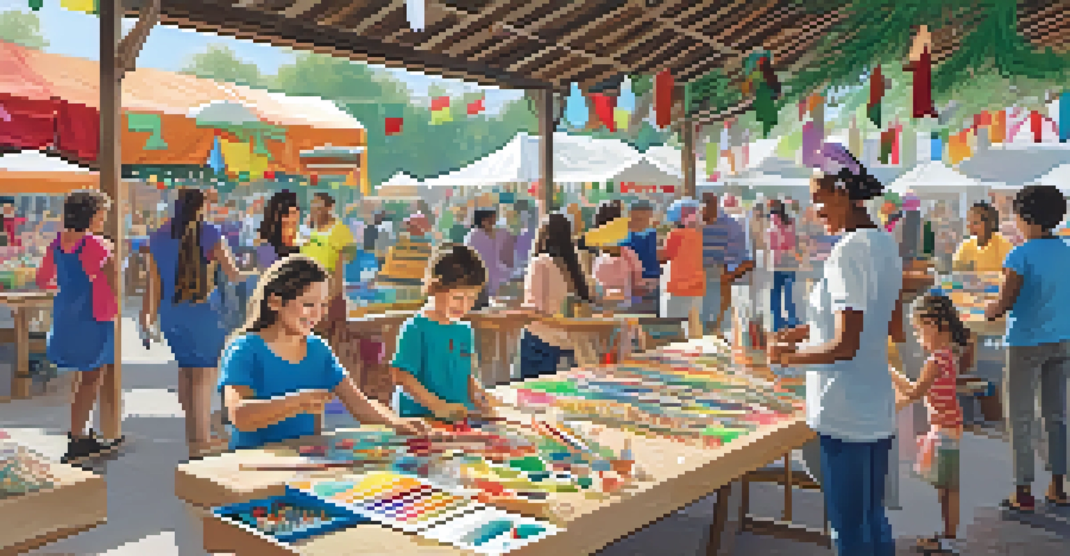 A community workshop at a seasonal market, with people crafting holiday decorations and an artisan guiding them amidst a colorful setting.