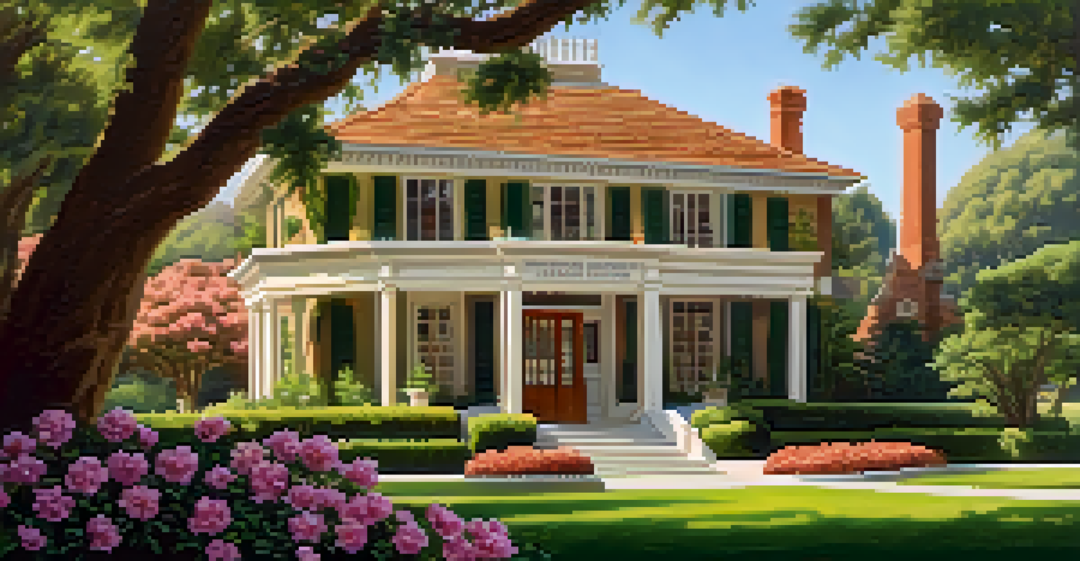 The exterior of the Cupertino History Museum surrounded by greenery and flowers in soft morning light.