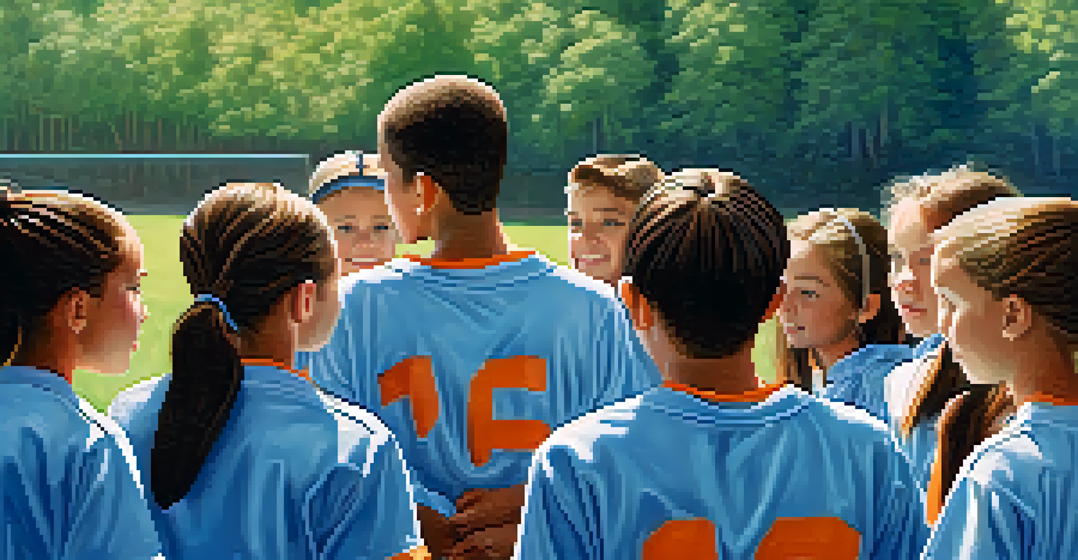 A youth sports team huddled together on a field, listening to their coach with expressions of determination.