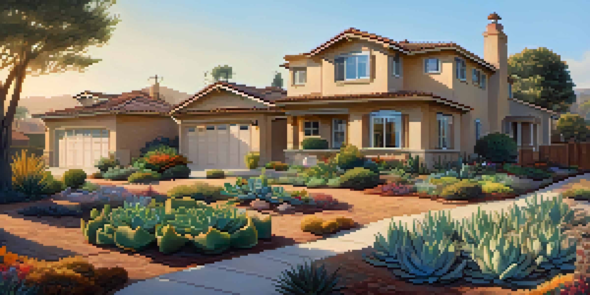 A peaceful neighborhood in Cupertino with drought-resistant landscaping under a clear blue sky, featuring smart irrigation systems.
