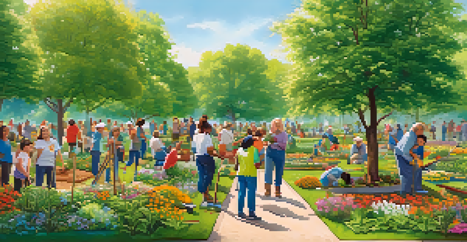 A community volunteer event in a park with diverse residents planting trees and flowers together.
