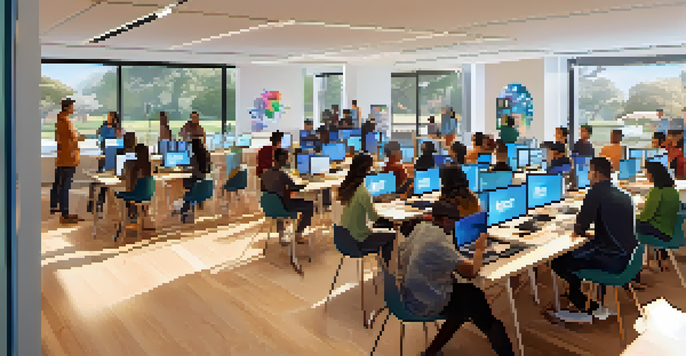 A lively workshop with diverse participants learning digital skills, surrounded by laptops and bright natural light.