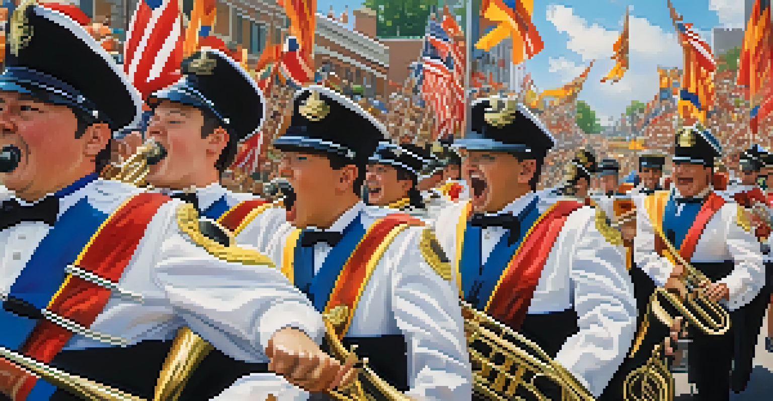A marching band in uniform playing brass instruments during a parade, with enthusiastic spectators and colorful banners in the background.