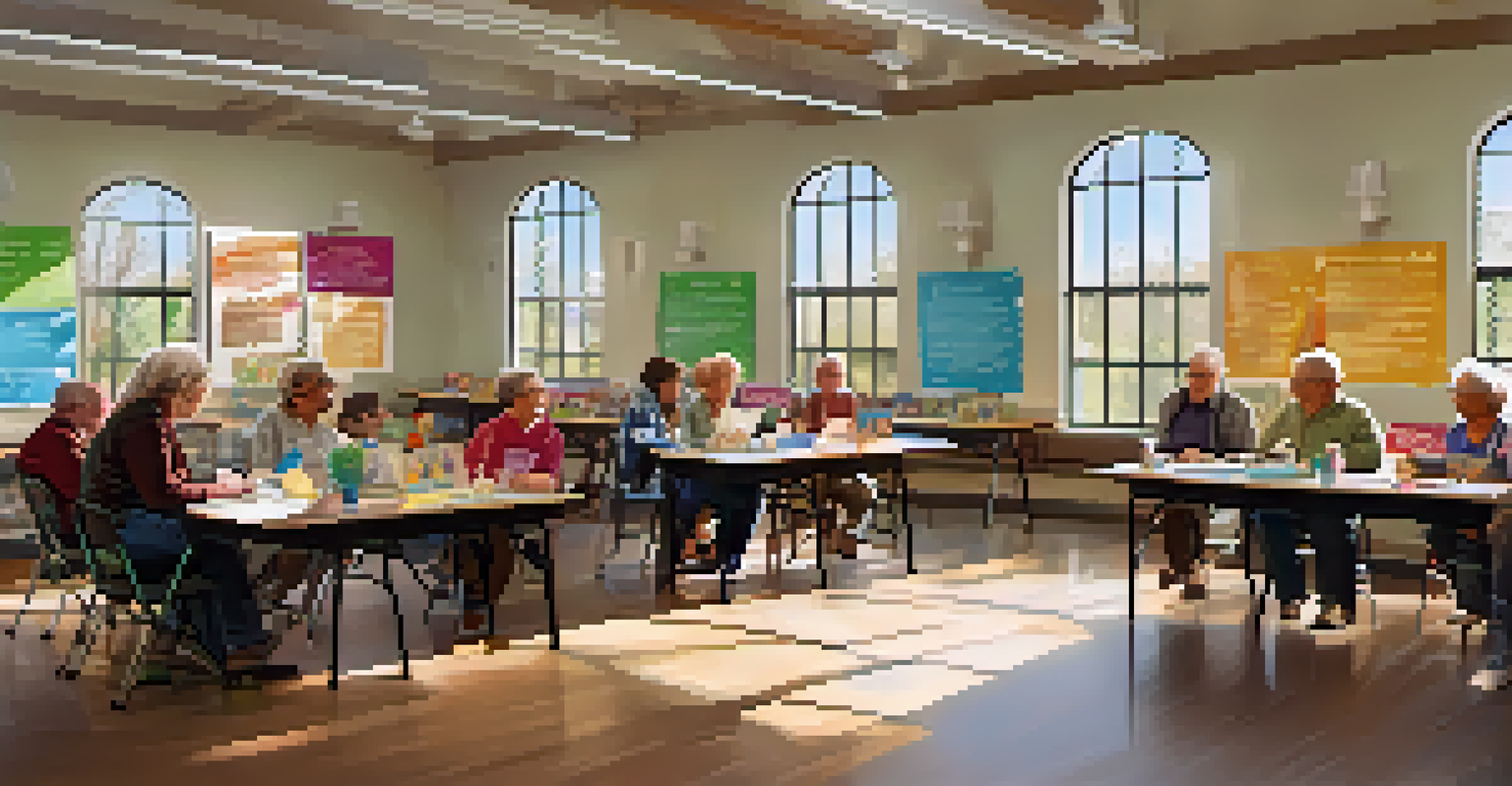 A community workshop in a well-lit center with diverse residents actively participating and engaging.