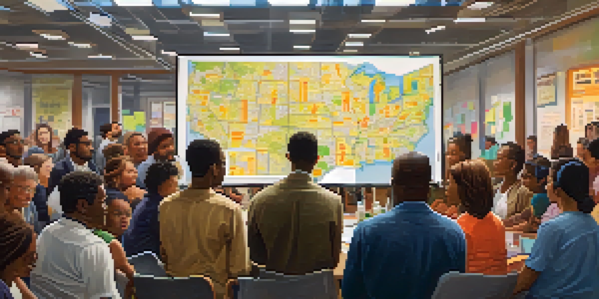 A community meeting with diverse individuals discussing public transportation plans, featuring a city map and sticky notes.