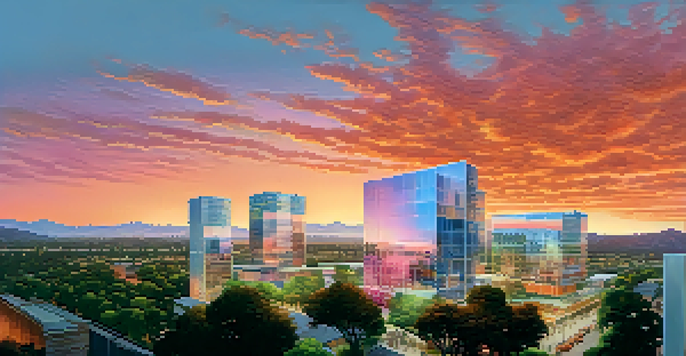 A cityscape of Cupertino at sunset with modern buildings and greenery.