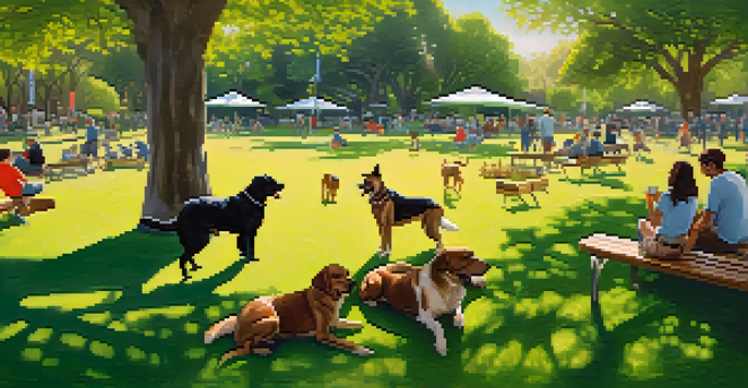 A sunny park in Cupertino with various dogs playing on the grass and pet owners relaxing nearby.