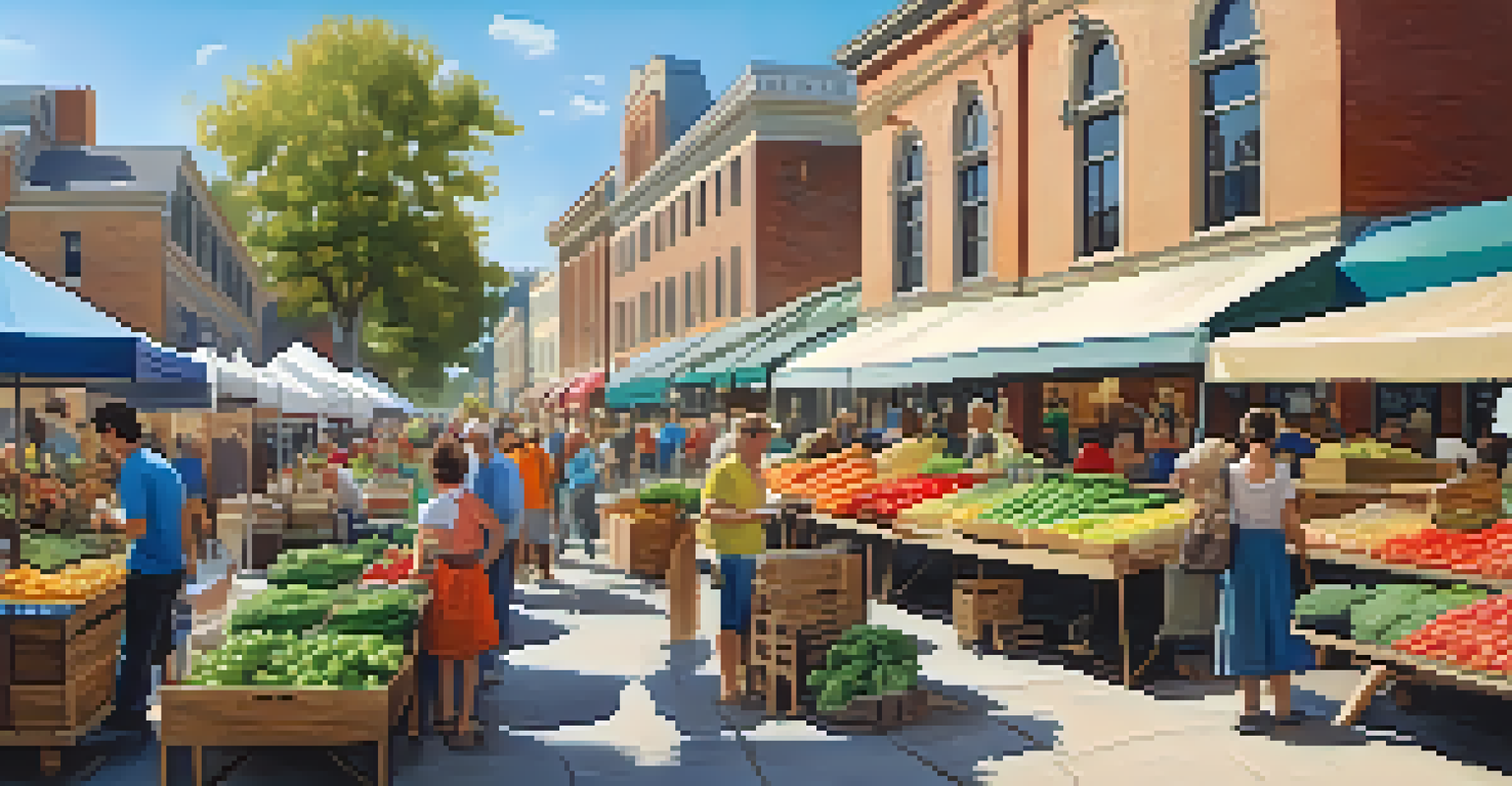 A vibrant farmers' market with fresh produce and happy vendors, set against historic buildings.