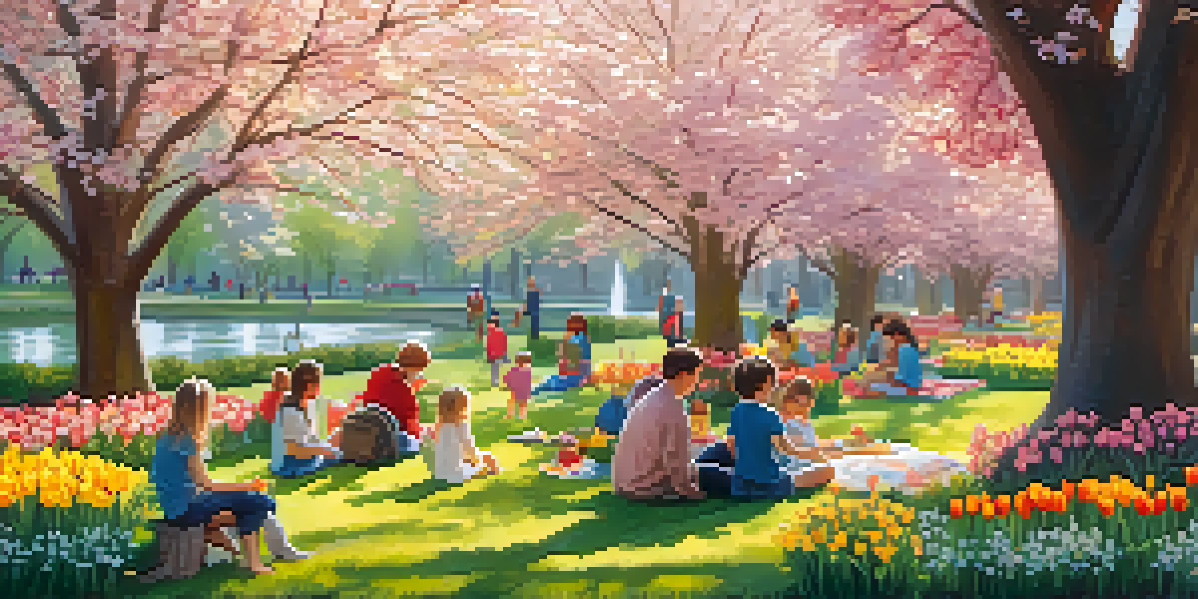 A lively spring park with colorful flowers, families picnicking, and children planting flowers under sunny skies.