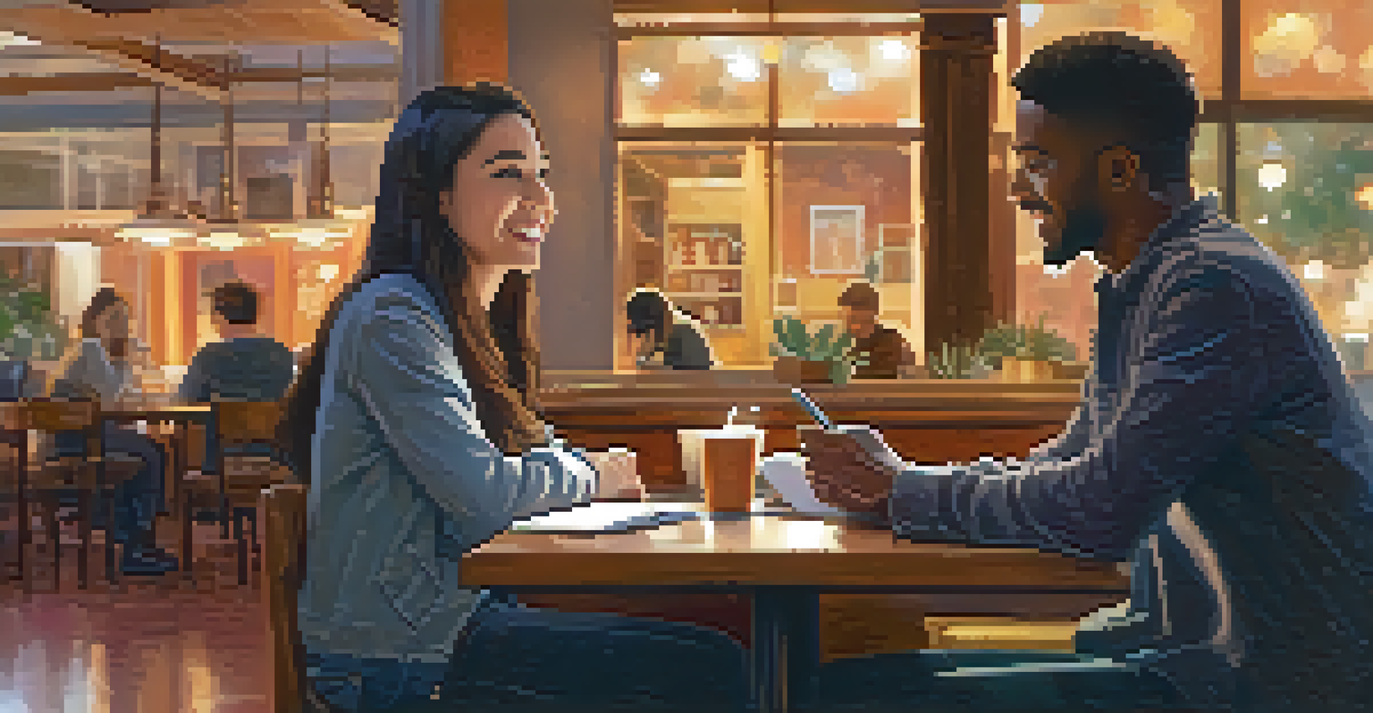 A mentor and a high school student talking in a cozy café, with the mentor sharing insights and the student taking notes.