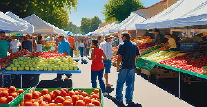A bustling farmers market with colorful produce stalls and diverse shoppers, illuminated by warm sunlight.