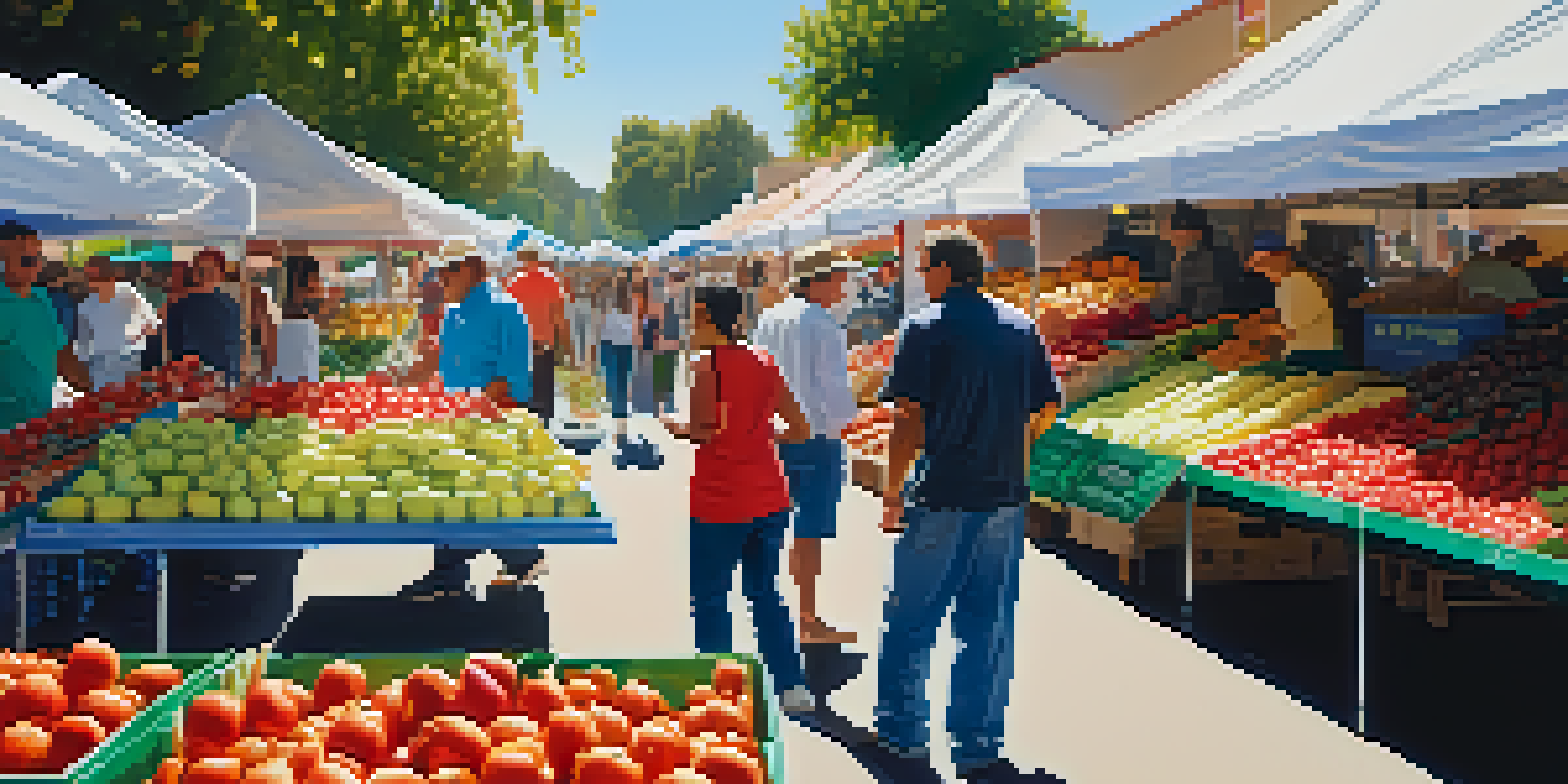 A bustling farmers market with colorful produce stalls and diverse shoppers, illuminated by warm sunlight.
