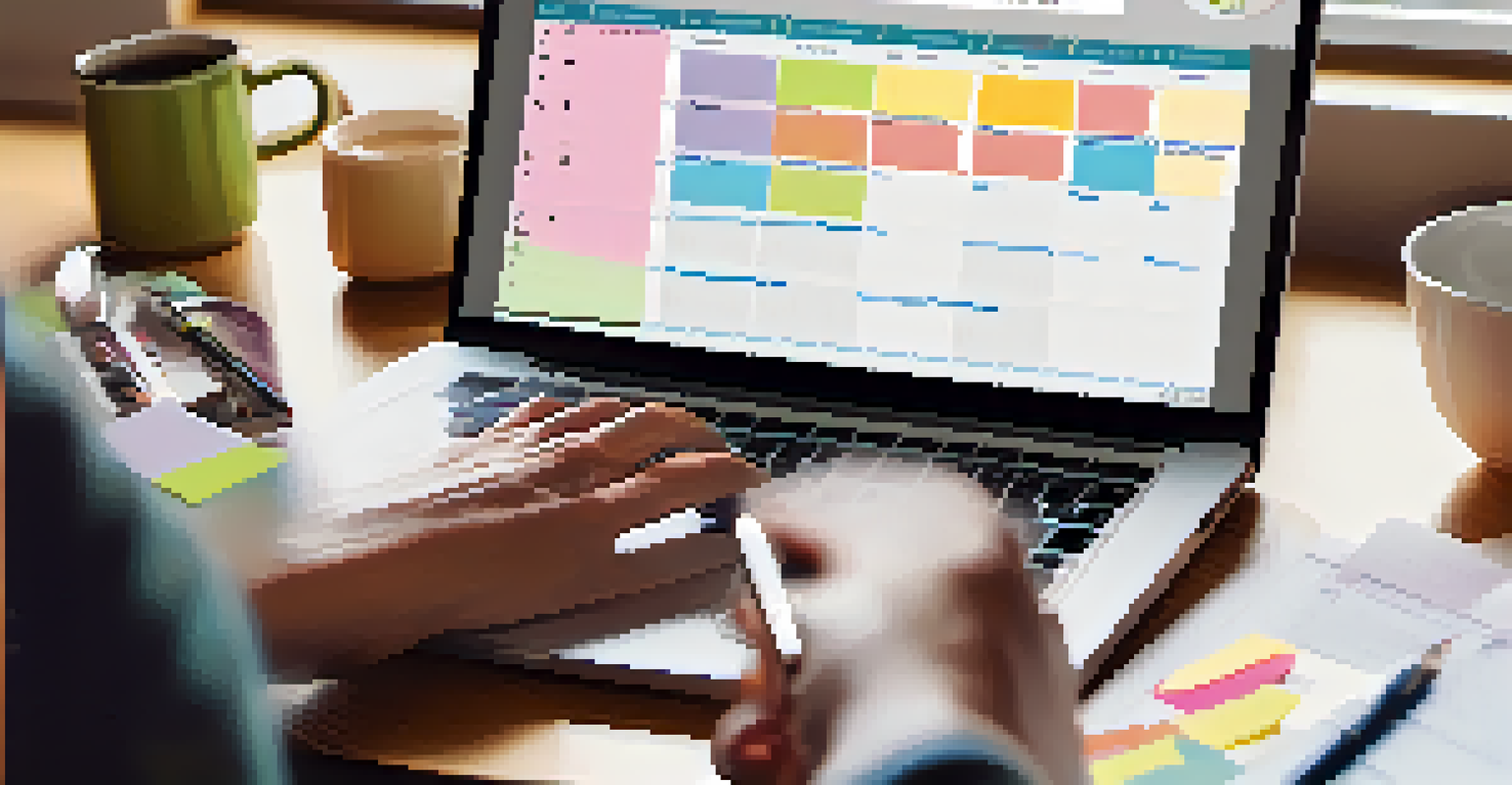 Close-up of hands on a laptop creating a volunteer schedule, with a planner and sticky notes on the desk in a well-lit space.