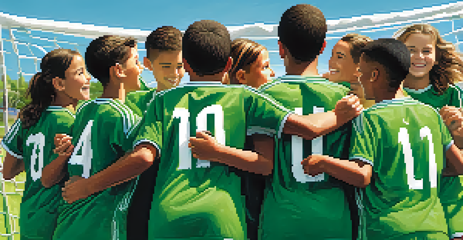 A youth soccer team huddling together in a circle, displaying teamwork and motivation before a match.