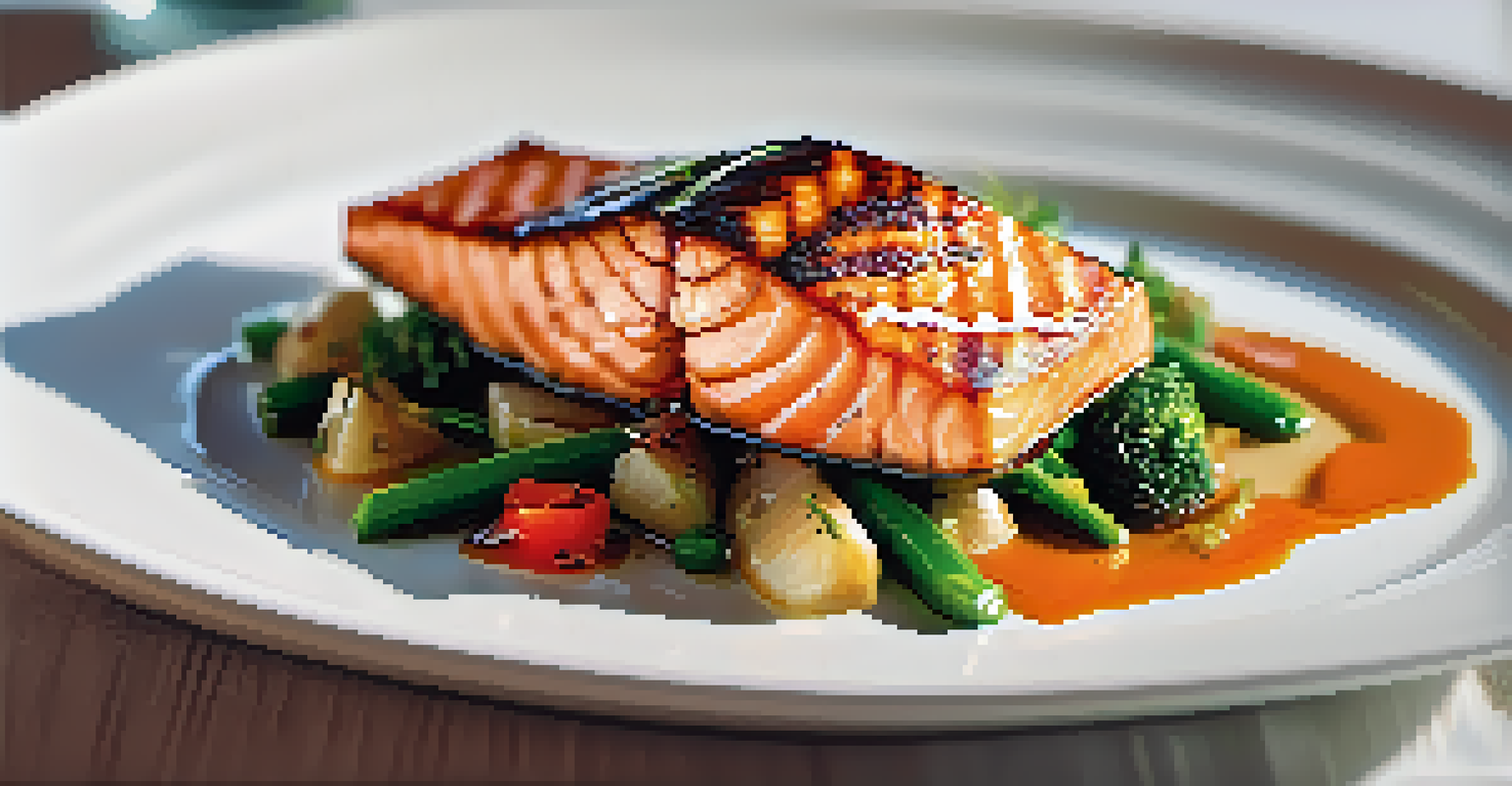 A gourmet dish of seared salmon with colorful vegetables, elegantly plated on a white dish in a softly lit setting.