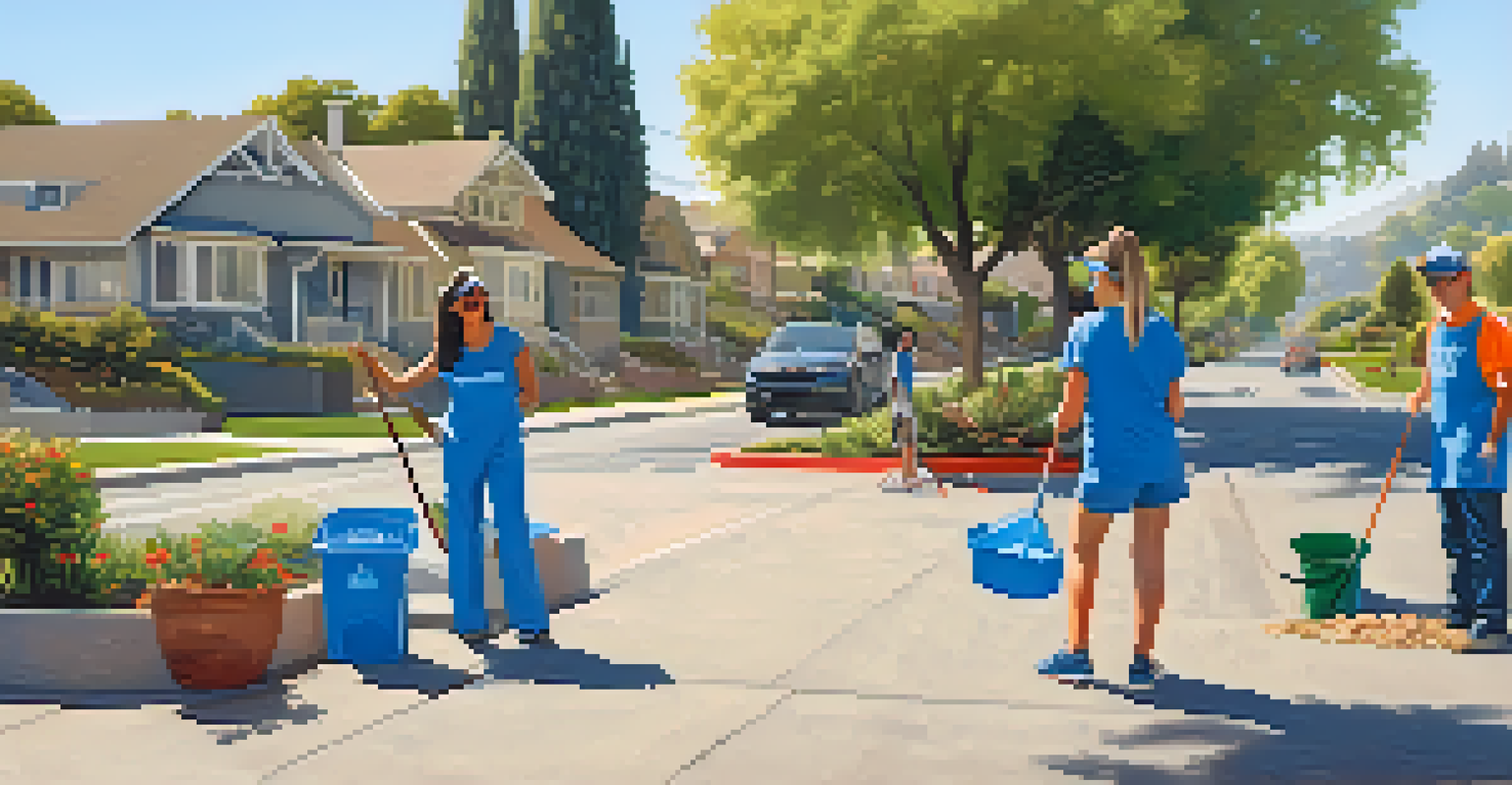 A community clean-up event in Cupertino with volunteers and recycling bins, surrounded by trees and a clear blue sky.