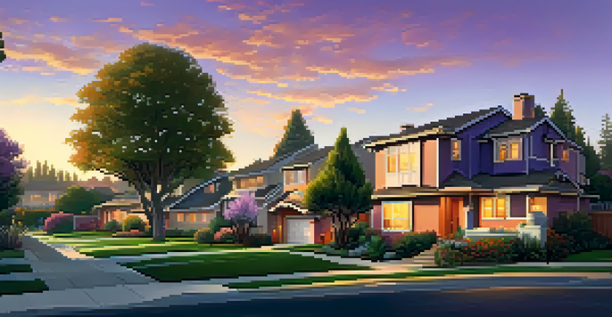 A sunset view of a suburban neighborhood in Cupertino, featuring modern homes and green parks.