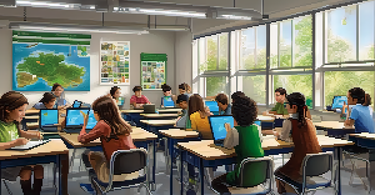 Students in a classroom using technology to learn about environmental issues, with sustainability posters on the walls.