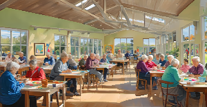 Seniors enjoying art classes in a bright and lively community center with paintings and pottery on display.