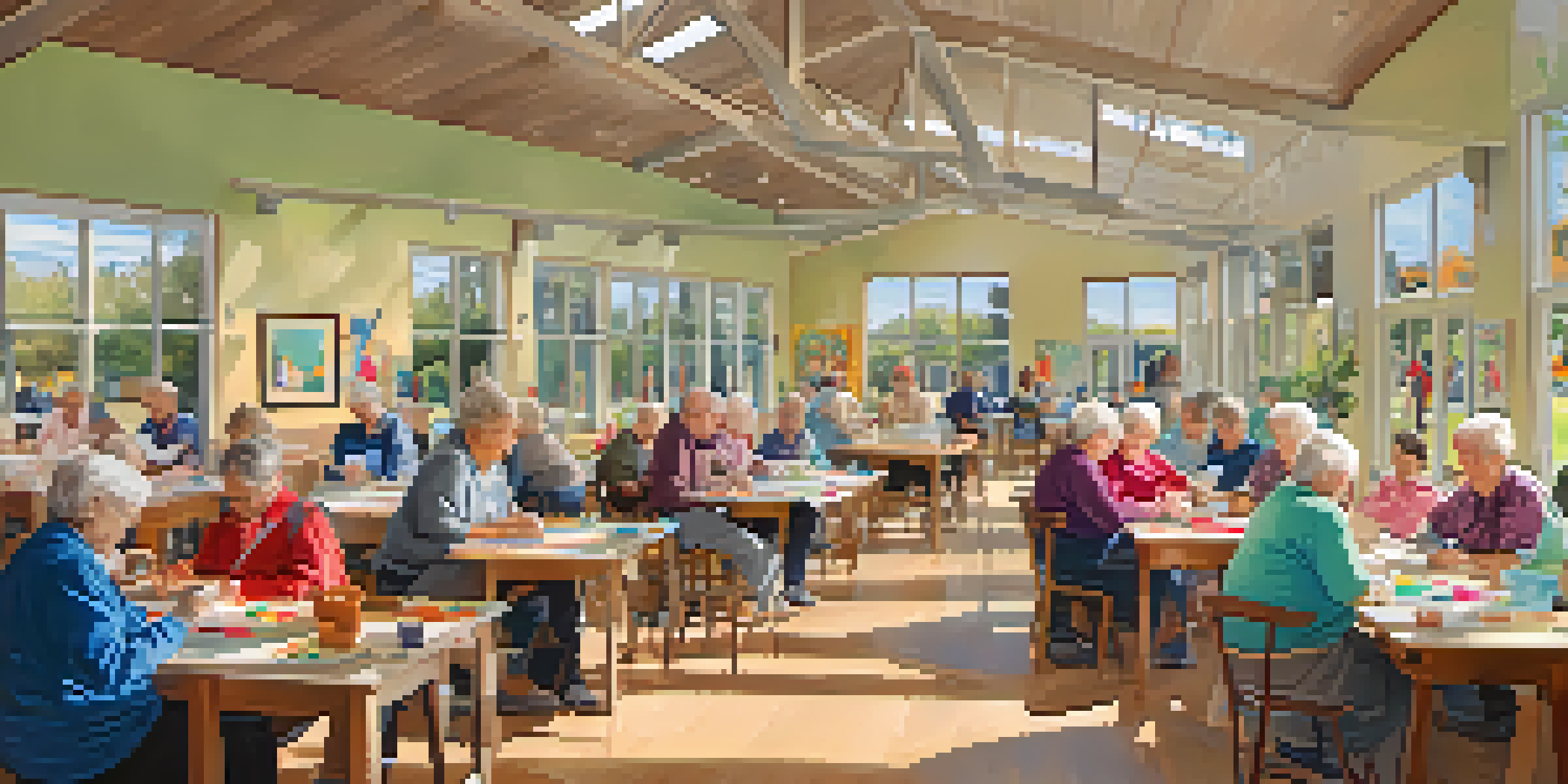 Seniors enjoying art classes in a bright and lively community center with paintings and pottery on display.
