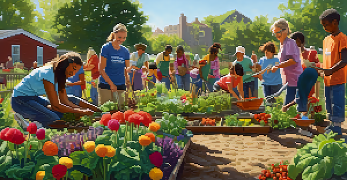 A group of diverse volunteers planting in a community garden under warm sunlight, showcasing their teamwork and happiness.