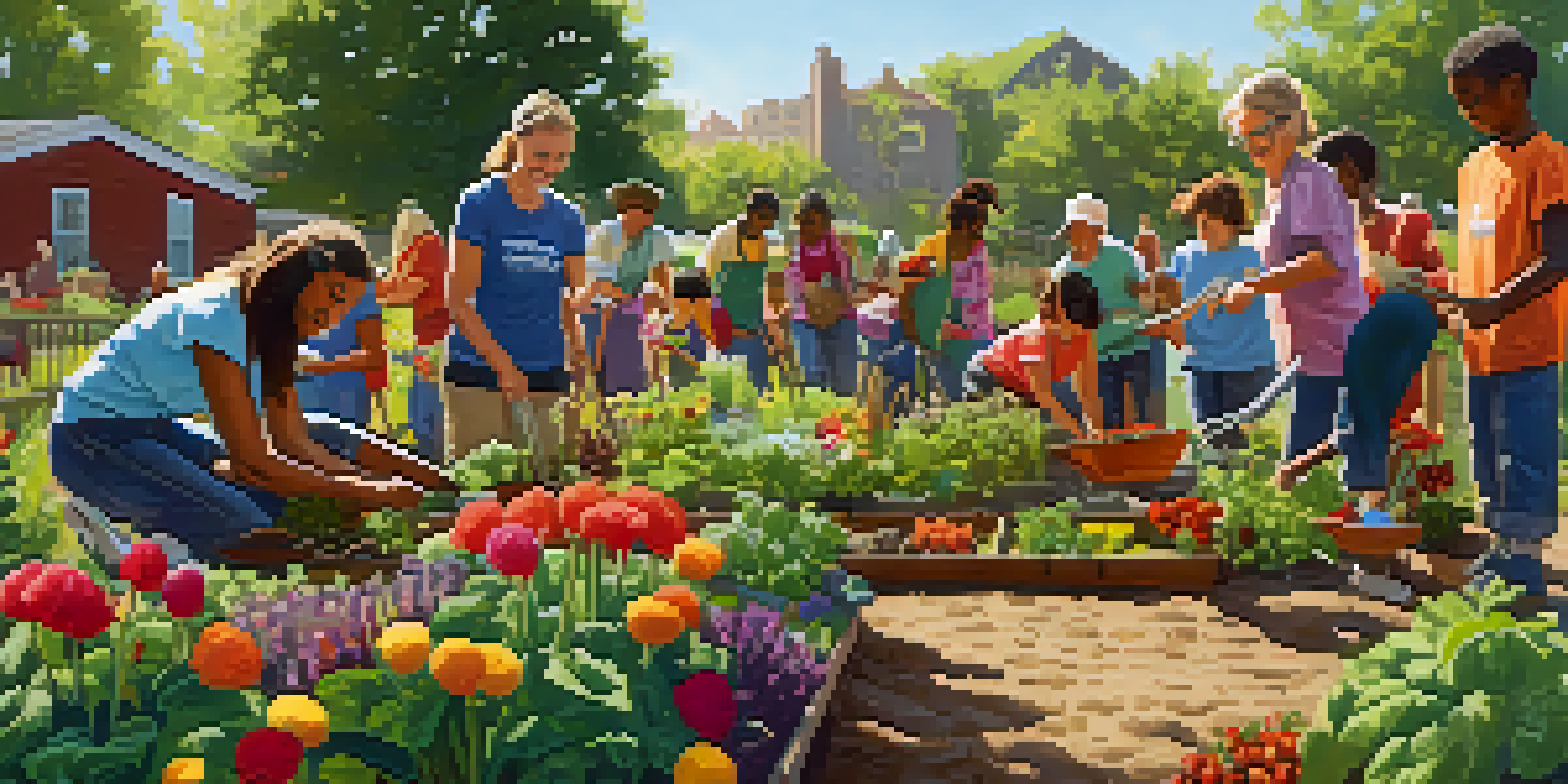A group of diverse volunteers planting in a community garden under warm sunlight, showcasing their teamwork and happiness.