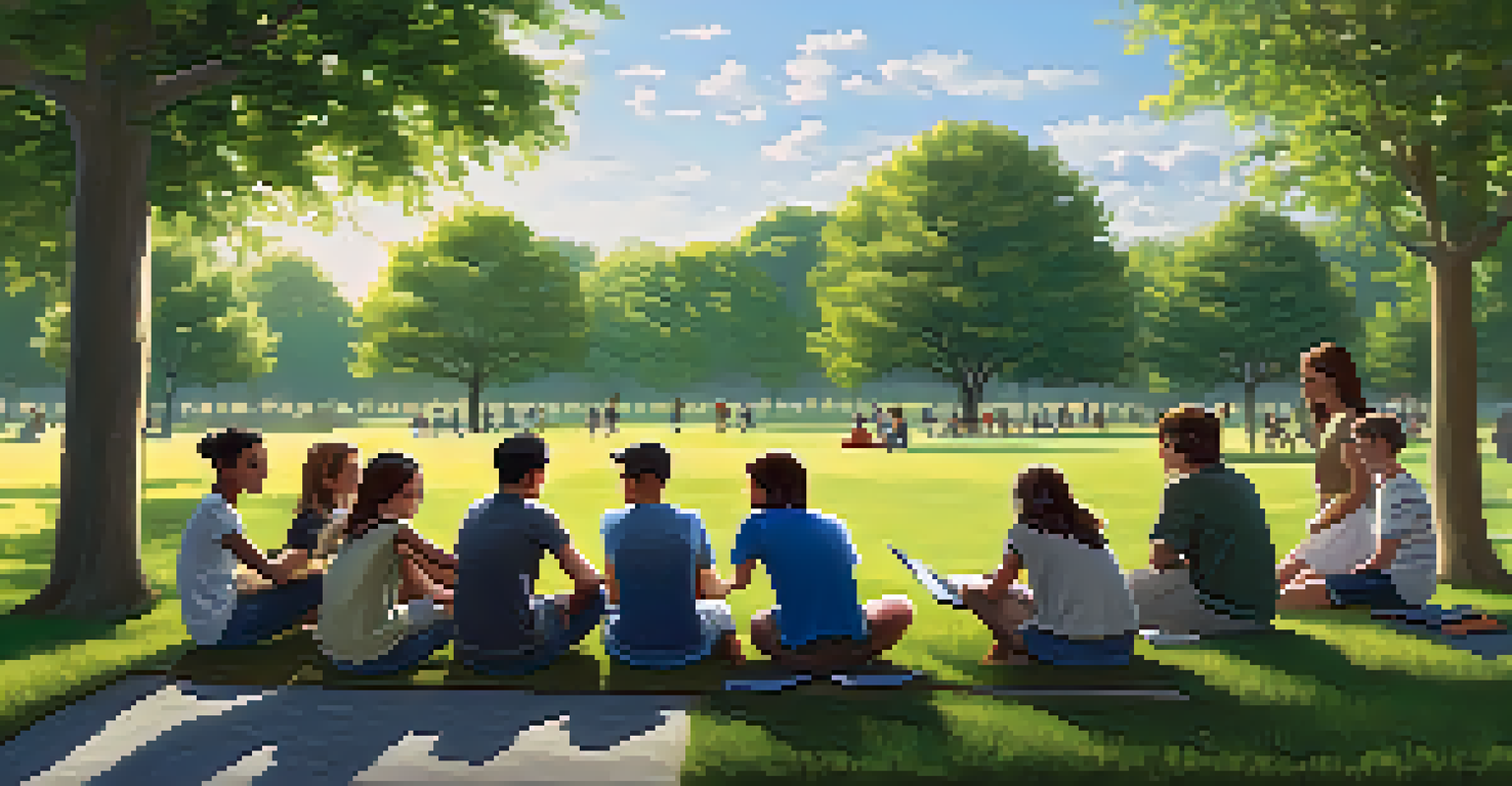 A seasoned leader mentoring a group of teenagers in a sunny park, sharing stories while the teens take notes, surrounded by greenery.