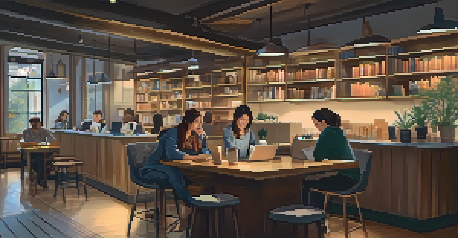A cozy cafe with remote workers at wooden tables, warm lighting, and a relaxed atmosphere.