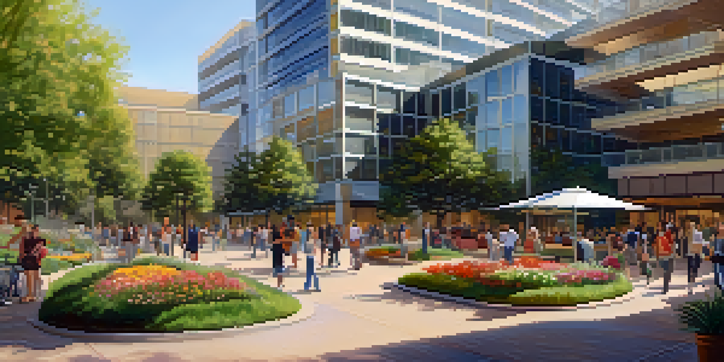 A vibrant city scene in Cupertino with modern architecture and people working together outside a tech campus, surrounded by nature.