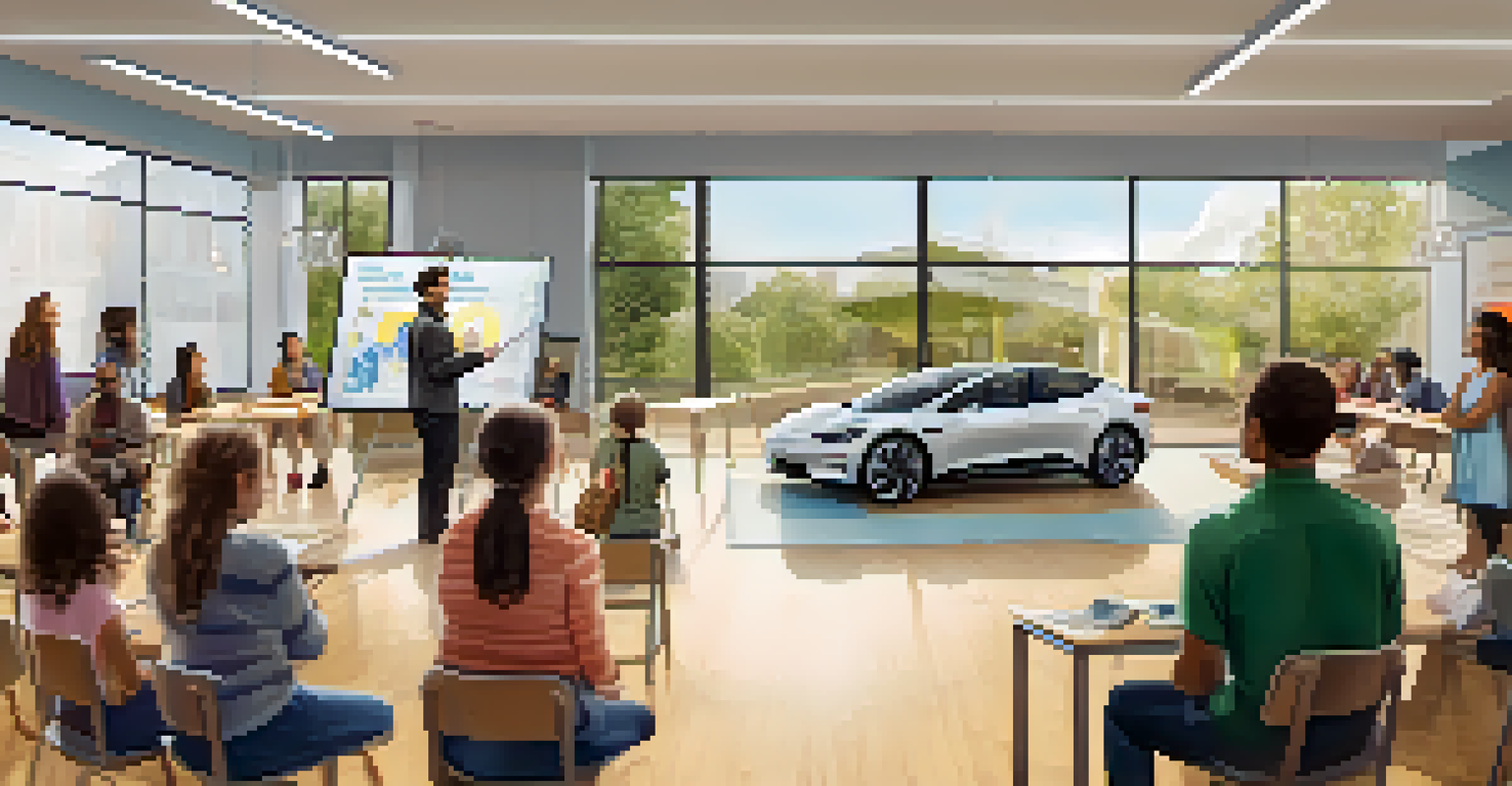 A community workshop in Cupertino focusing on electric vehicles, with attendees learning and interacting with car models.