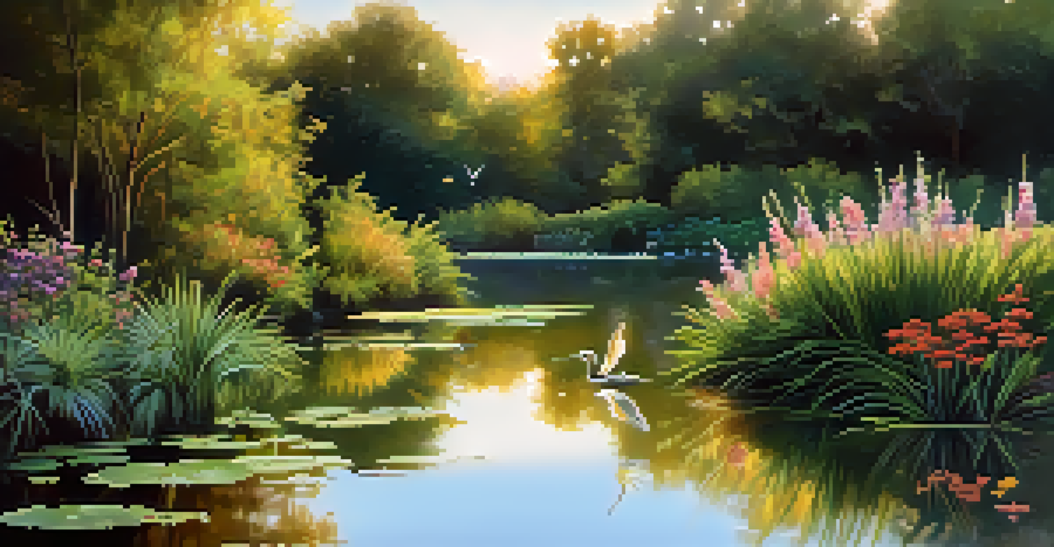 A tranquil pond in an urban park, with birds and dragonflies around, reflecting the sunset and surrounding nature.