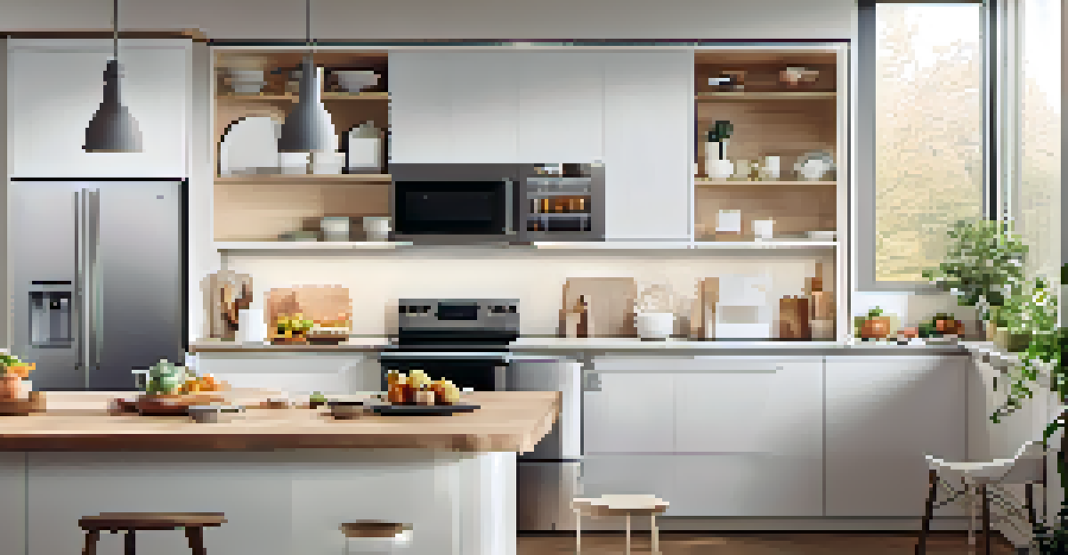 A stylish kitchen with smart devices, including a user interacting with a tablet and modern appliances, illuminated by soft lighting.