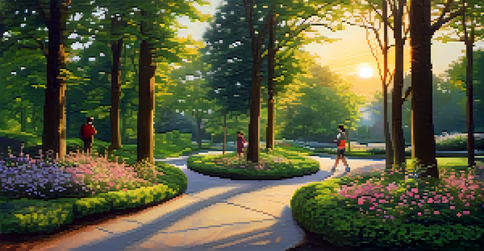 A peaceful urban walking trail in a park during sunset, with trees and flowers, and people walking.