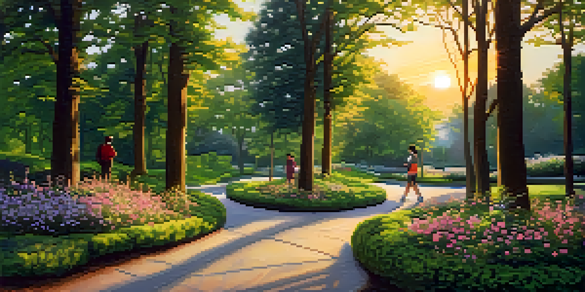 A peaceful urban walking trail in a park during sunset, with trees and flowers, and people walking.