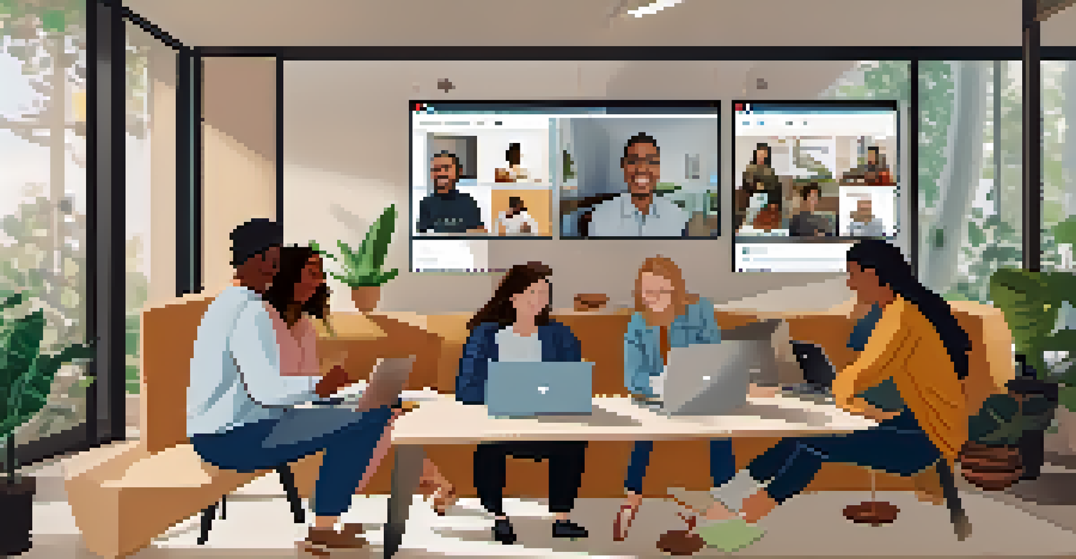 Diverse remote workers engaged in a video call from different cozy locations.