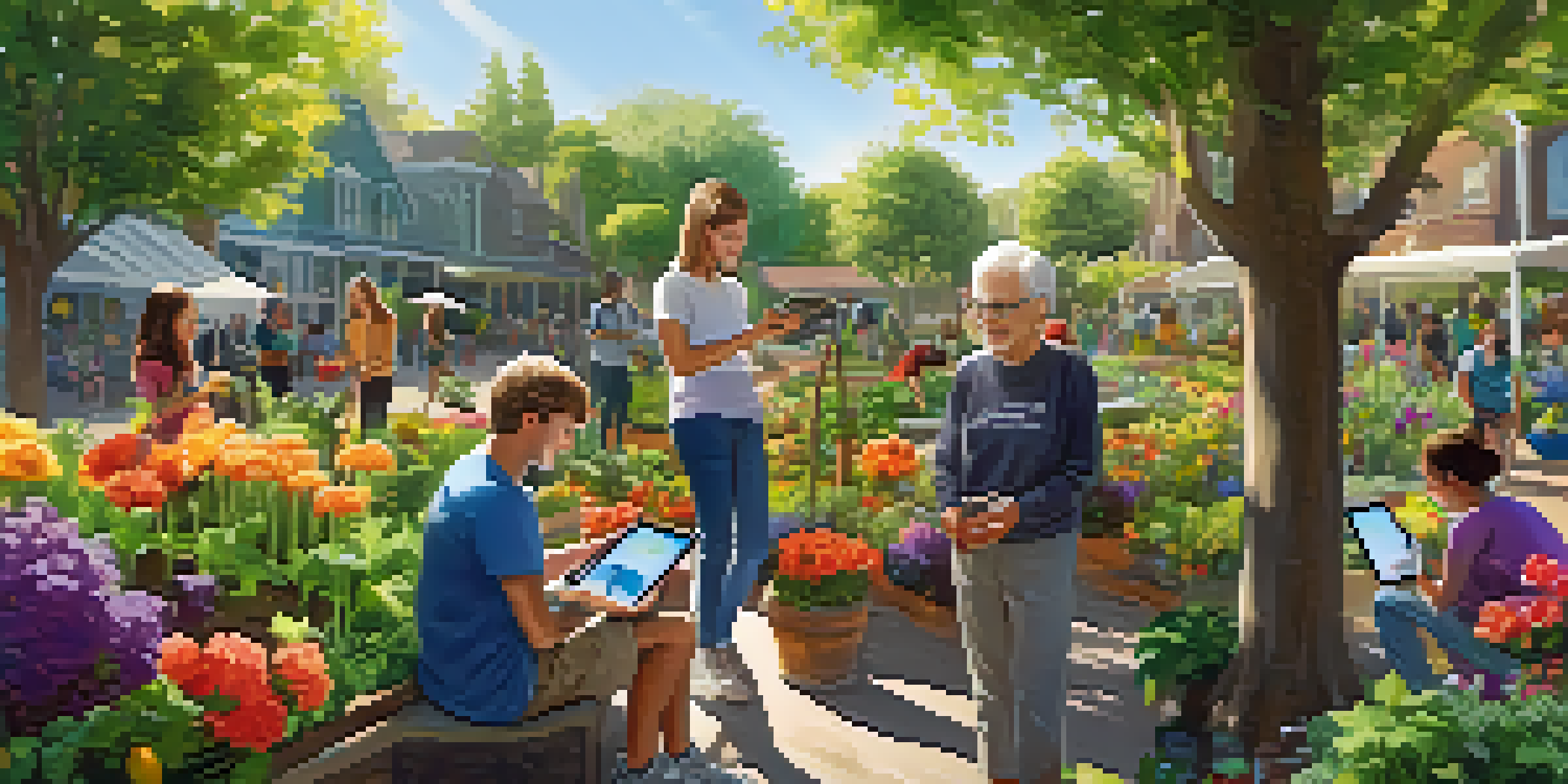 A lively community garden where young people show seniors how to use technology for gardening, surrounded by colorful plants and warm sunlight.