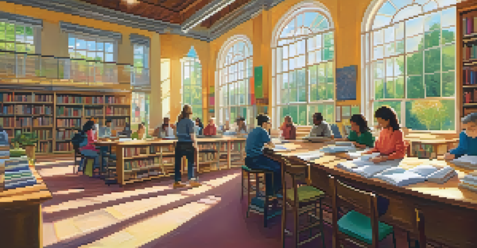 A lively library scene with people of different ages participating in workshops, bright sunlight illuminating the space filled with books.