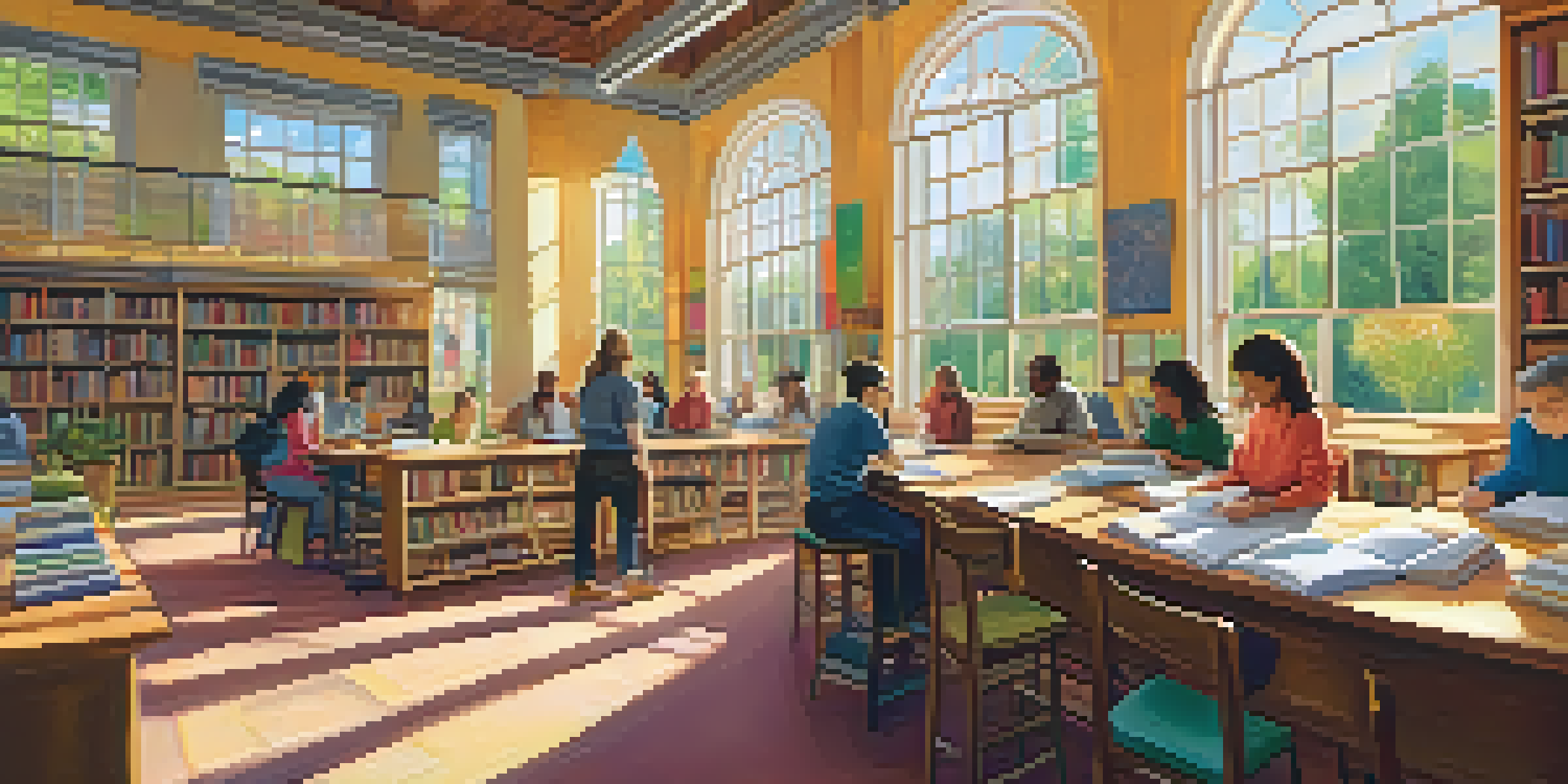 A lively library scene with people of different ages participating in workshops, bright sunlight illuminating the space filled with books.