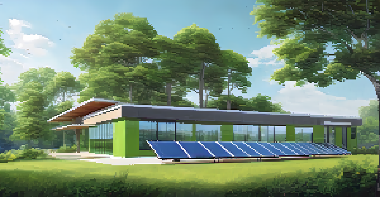 A modern green building with solar panels and large windows, surrounded by trees and greenery in an urban setting.