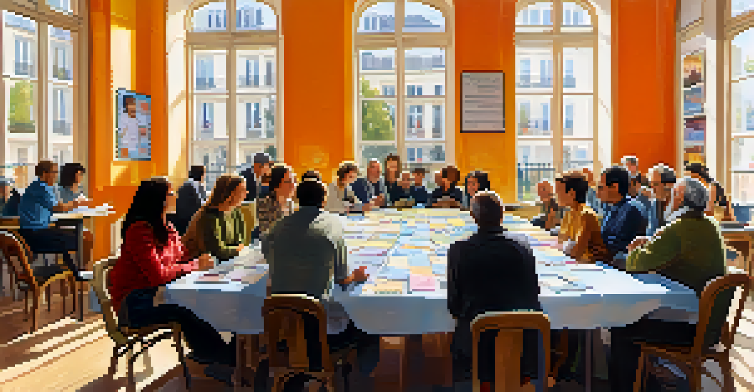 Residents participating in a budgeting meeting in Paris, discussing and voting on community projects with colorful posters around them.