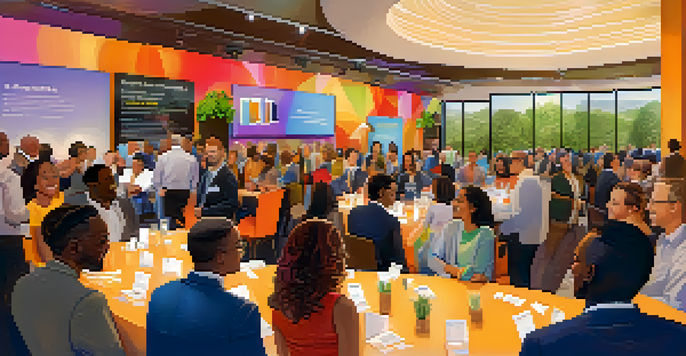 A lively networking event with entrepreneurs talking and exchanging business cards in a decorated venue.