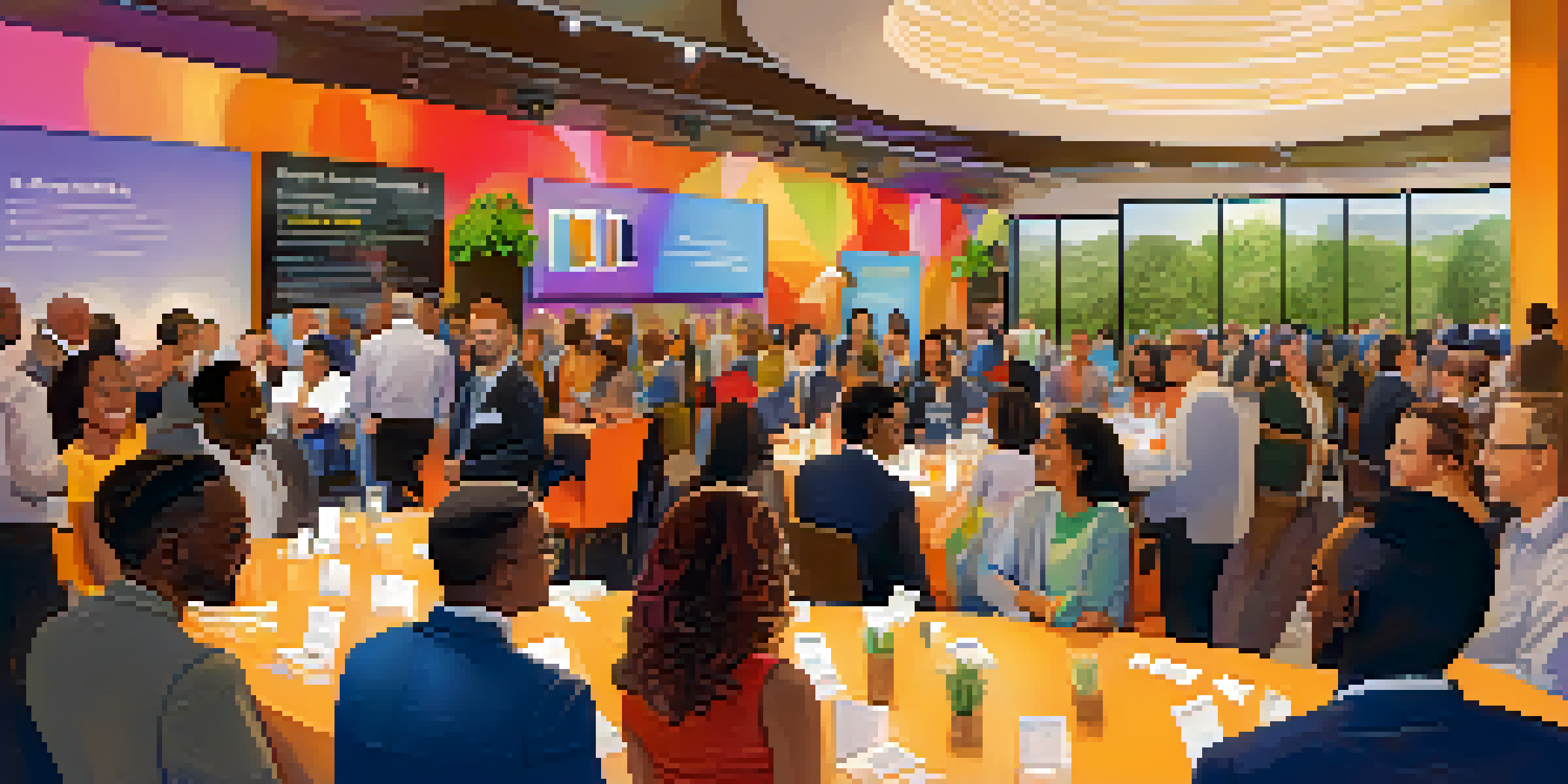 A lively networking event with entrepreneurs talking and exchanging business cards in a decorated venue.