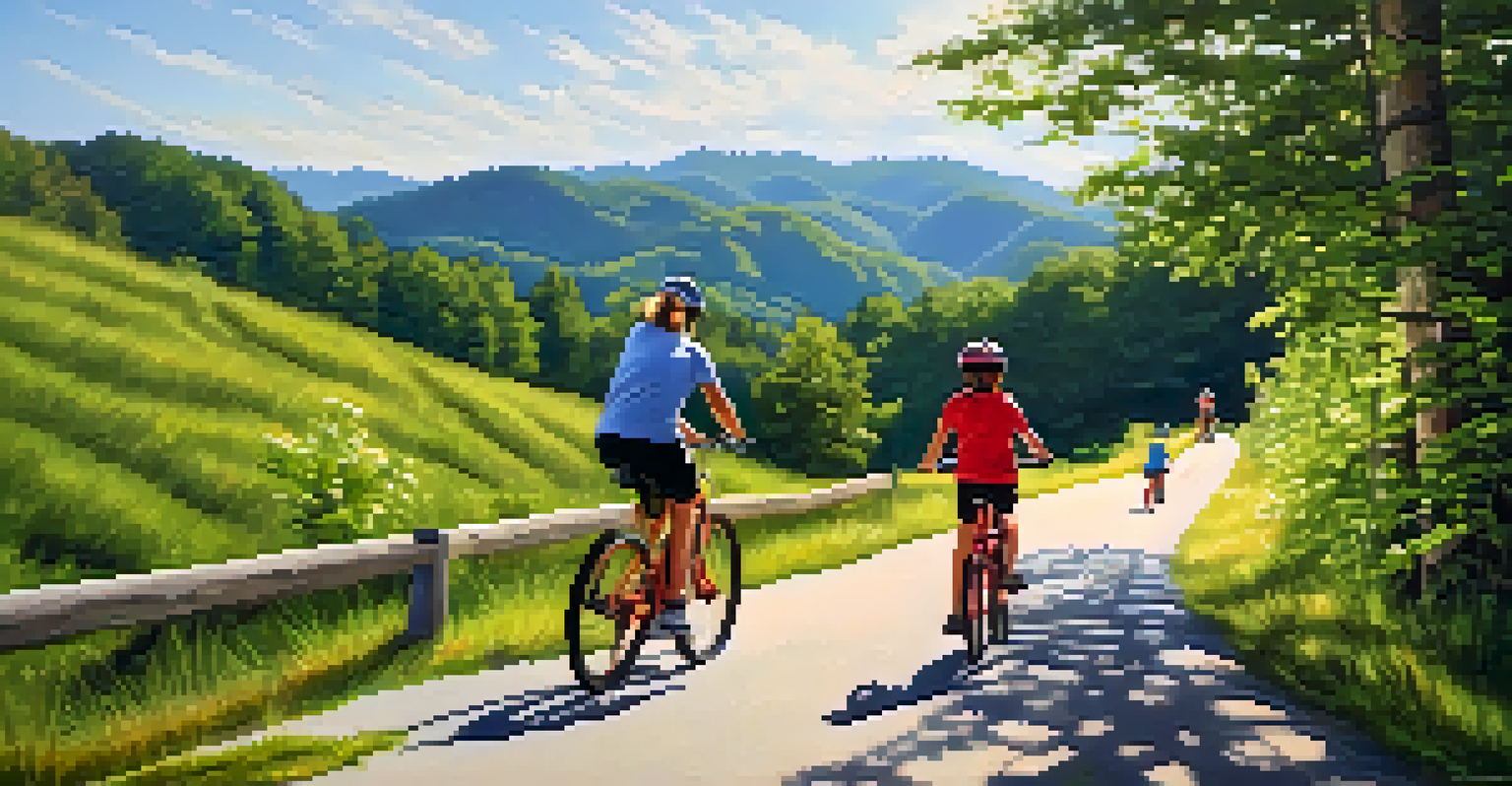A family riding bikes on a beautiful mountain trail with wildflowers and Appalachian views in the background.