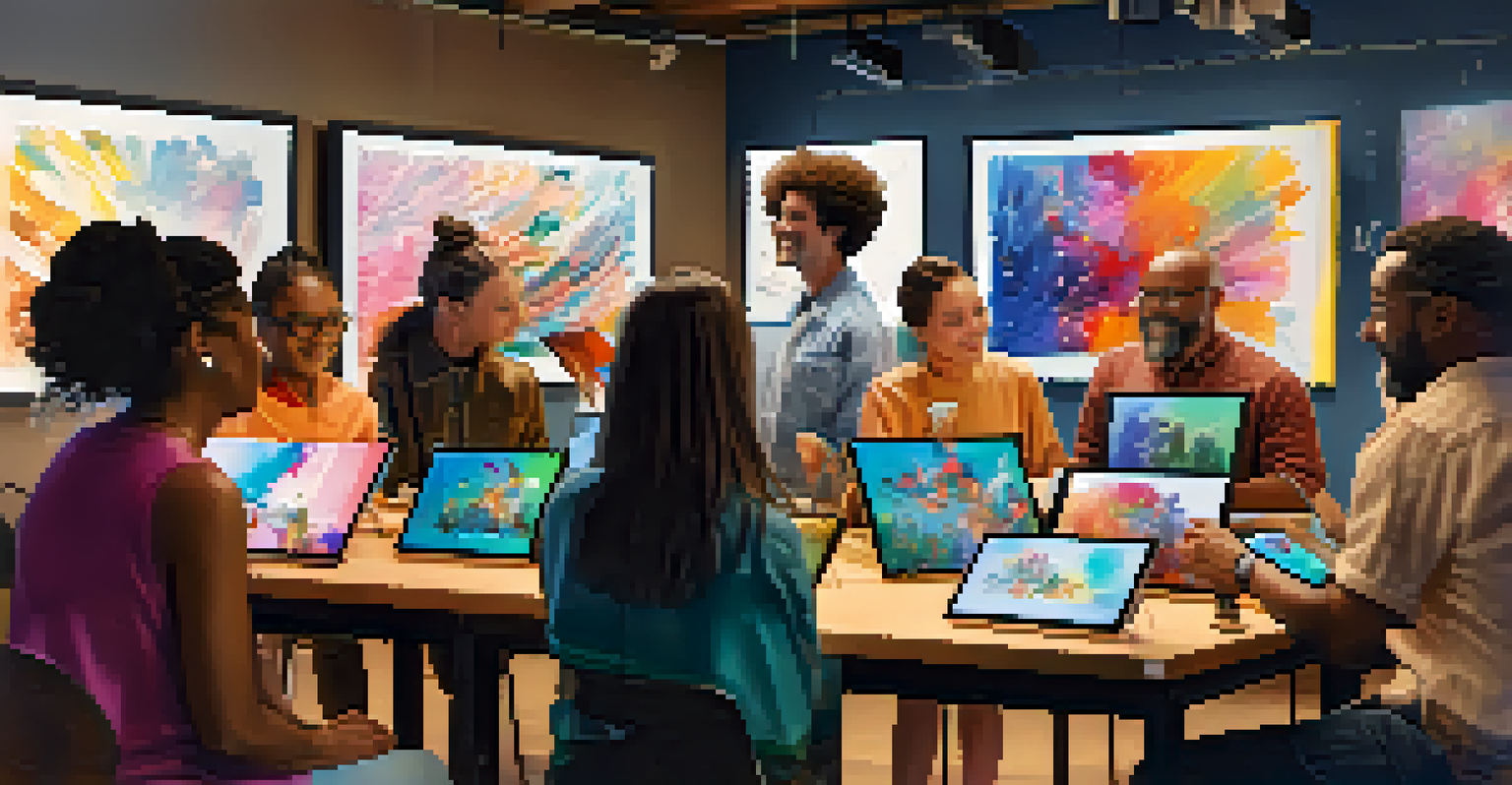 A community workshop depicting artists of various backgrounds engaging with AI tools on tablets, creating vibrant digital artwork together.