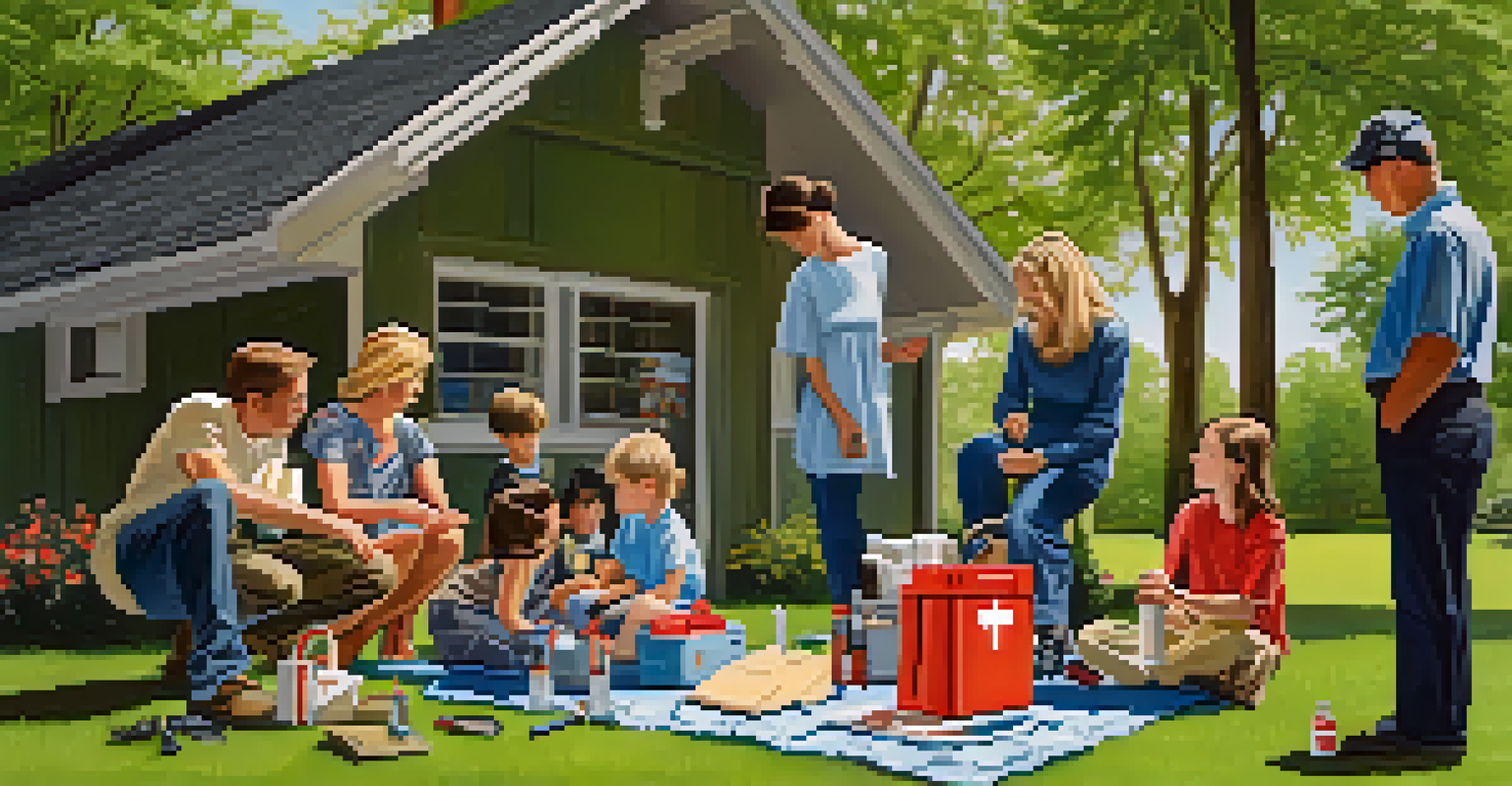 A family in their backyard practicing emergency drills with an emergency kit on a sunny day.