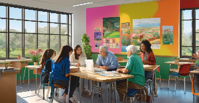 A classroom with students and seniors working together on a laptop, surrounded by educational posters and plants, bathed in natural light.